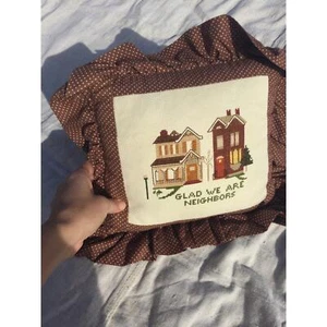 Vintage cross-stitch pillow embroidery country brown white neighbors farmhouse - Picture 1 of 7