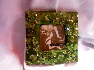 AMORA-3X3'' GREEN SEQUINS AND BEADED SILK PHOTO FRAME - Picture 1 of 1