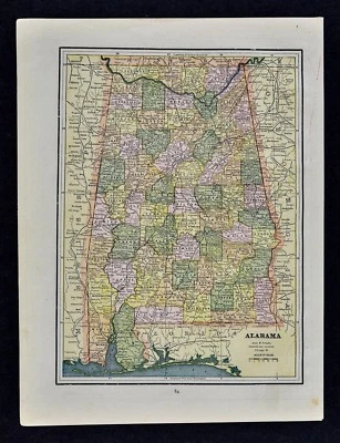 c 1892 Cram Map Alabama Montgomery Birmingham Mobile Huntsville Florence Marion Foto 1 de 2