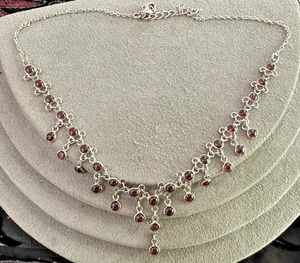 Sterling Silber Granat Cabochon Kette Kronleuchter Halskette 17" - 19" - Bild 1 von 7