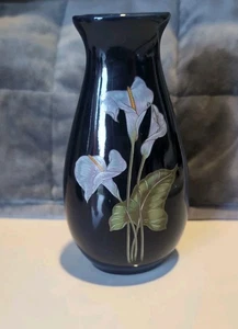 Vintage Dark Blue Porcelain Vase With Calla Lily Flower Motif 6” - Picture 1 of 3