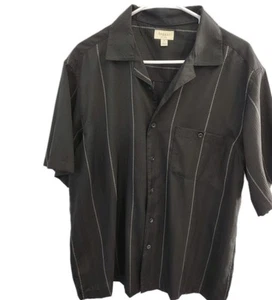 Haggar Clothing Black L SS Casual Shirt Gray Stripes Polyester Sophisticated - Picture 1 of 5