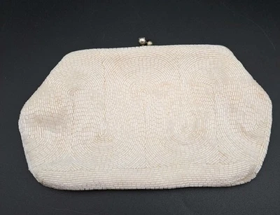 Vintage Clutch Purse Bugal Beaded Ivory 1960's Evening Bag Rhinestone Kiss Close - Image 1 of 4