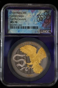 2024 Malta 1 oz .9999 Silver Golden Eagle NGC MS-70 Gilt/Ruthenium colorized - Picture 1 of 2
