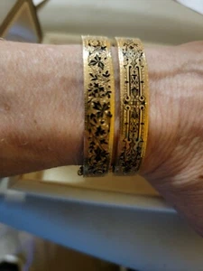 2 Victorian 14K Gold Taille d'Epargné Enamel Hinge Bangle Bracelets 28.8g Floral - Picture 1 of 9