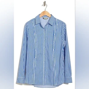 Nicholas Teagan Blue White Striped Button Panel Button-Up Casual Shirt Top 0 - Picture 1 of 9