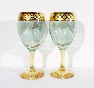 Set of 2 Vintage J Preziosi Lavorato A Mano Gold Rim Wine Goblets 8 oz - Picture 1 of 5