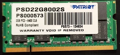 Memoria RAM PATRIOT DDR2 2GB CL5 PC2-6400 (800MHz) SO-DIMM 2 GB PSD22G8002S - Immagine 1 di 2