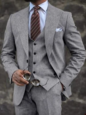 Men Linen 2Pcs Suit Beach Groom Summer Wedding Tuxedo Blazer+Pants 42r 44r 46r - Image 1 of 3