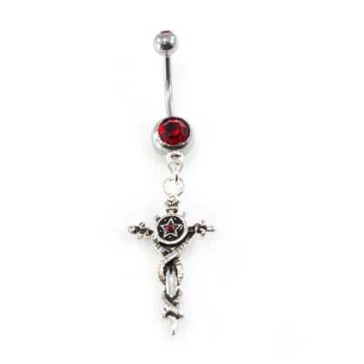 Belly Button Ring with Vintage Sword Dangle Design and Red Cubic Zirconia Gems - Image 1 of 4