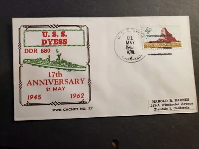 USS DYESS DDR-880 Naval Cover 1962 BECK #27 Anniversary Cachet - Image 1 of 2
