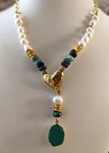 13 Carats Natural Emerald & Genuine Emerald Beads Pearl Necklace Set - Picture 1 of 15