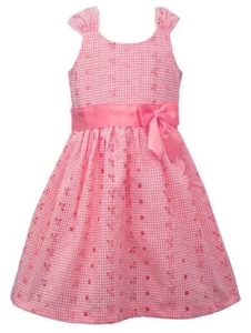 NWT Bonnie Jean Girls 5 Pink Gingham Satin Ribbon Bow Embroidered Eyelet Dress - Picture 1 of 2