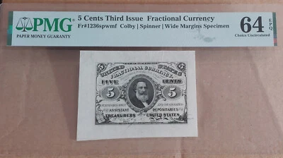1864-9 FR-1236 SP 5c US FRACTIONAL CURRENCY Wide Margin Specimen PMG 64 EPQ Note - Image 1 of 2