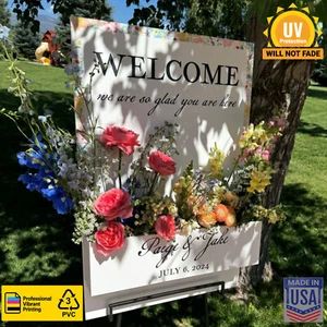 Custom Personalized Floral Wedding Welcome Sign w/ Flower Box 23"x34" PVC – USA - Picture 1 of 16