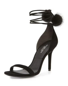 MICHAEL KORS ROSEMARY 225934 black suede mink fur-pompom sandals sz. 37.5 - Picture 1 of 7