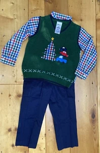 IZOD 4T Sweater Vest Pant Shirt SET Green Blue Red Plaid Christmas Cars Tree - Picture 1 of 24