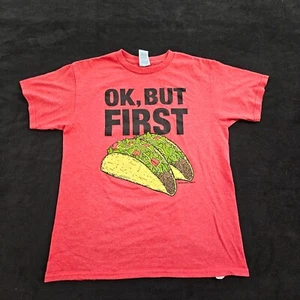 OK But First Tacos Red Short Sleeve Cotton Blend T-Shirt Youth M - Picture 1 of 9