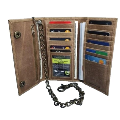 Brown Leather Vintage Trifold Motorcycle Chain Deluxe Wallet RFID Blocking  - Image 1 of 4