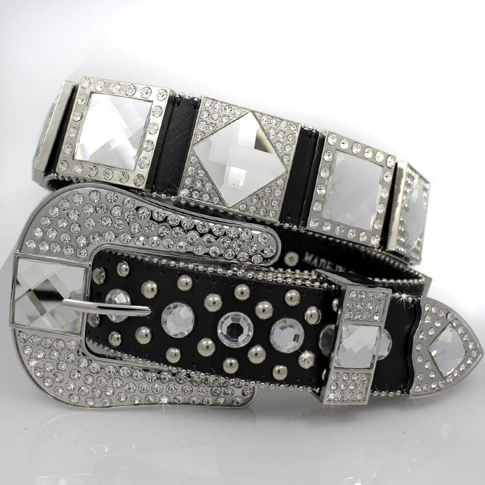 Cinturón XS S M L XL NEGRO CUADRADO CRISTAL Y DIAMANTE CONCHO HEBILLA WESTERN COWBOY GIRL  Foto 1 de 1