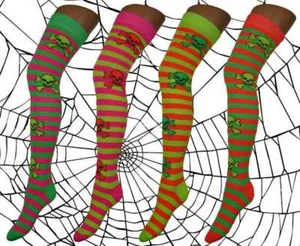 Girls/ Children Miss Phoebe Neon Skull & Cross Bones Stripe Over the Knee Socks  - Picture 1 of 5