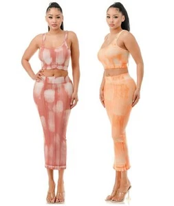 Women's Mineral Wash Sleeveless Crop Top Maxi Skirt 2pc Bodycon Dress Outfit Set - Picture 1 of 18