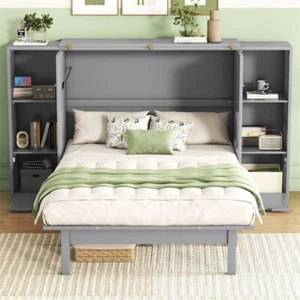 Queen Size Murphy Bed Murphy Cabinet Bed w/Bookshelves,Drawers & USB Ports-Gray - Picture 1 of 15