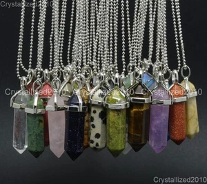 Natural Gemstones Hexagonal Pointed Reiki Chakra Pendant Necklace 18K Silver - Picture 1 of 86