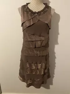 Frank Lyman Dark Beige Shimmering Tiered Dress Size 12/14 Bead Detail Occasion - Picture 1 of 5