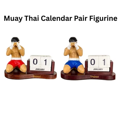 Par de estatuillas de calendario de boxeo Muay Thai hechas a mano perpetuo Tailandia 2 piezas Foto 1 de 4