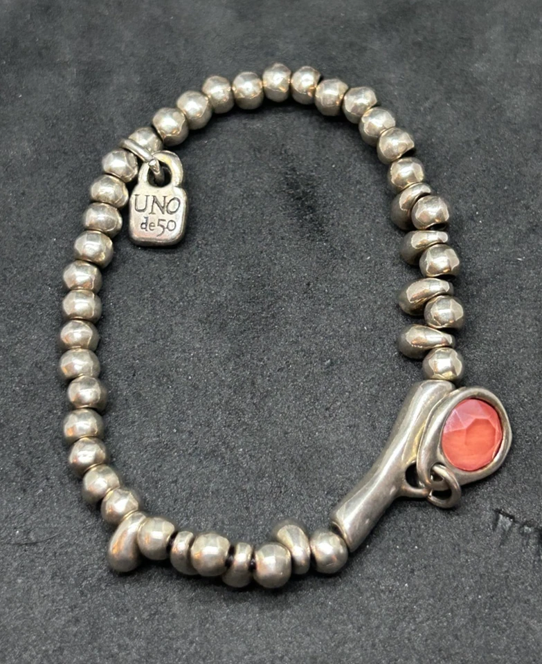 Uno De 50 Handcrafted In Spain Pink Crystal Bead Silver Stretch Bracelet 18.93g Foto 1 de 3