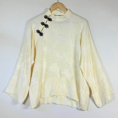 全新 ZARA 女式大号奶油色衬衫花卉锦缎中式领缎面上衣 — 第 1/4 张图片