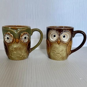 3D Owl Mug set of 2 brown green 12oz  4” tall 3” wide Reactive Glaze Finish - Picture 1 of 5
