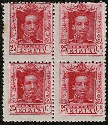 1924 K Alphonse XIII 25c Carmine SG383a Block 4 NHM Faults See Scans-For Charity - Image 1 of 2