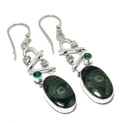 Kambaba Jasper, Diopside Gemstone 925 Sterling Silver Jewelry Earring 2.56" E822 - Image 1 of 2