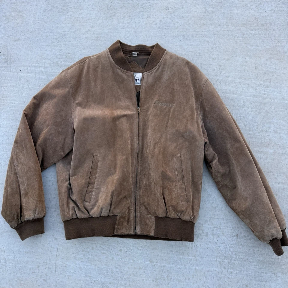Vintage Snap On Brown Suede Leather Bomber Jacket Size Large Varsity Embroidered - Image 1 of 4