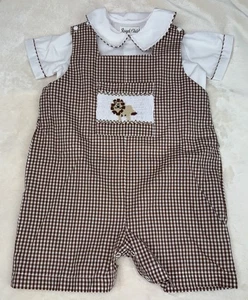 ROYAL CHILD Size 2T Lion Brown Checked Overalls Shortall Jon Jon Romper Jumper - Picture 1 of 7