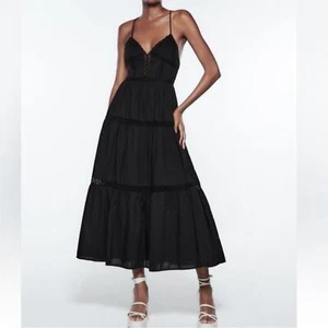 Vestido midi grande ZARA negro con tiras en la espalda abierta y encaje NUEVO - Imagen 1 de 11