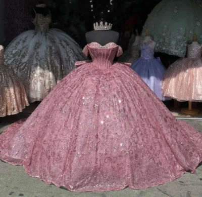 Vestido de baile rosa querida brilhante Quinceanera fora do ombro contas de renda - Imagem 1 de 4