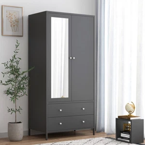 Metal Armoire Wardrobe Closet w/ 2 Drawers Mirror Door & Hanging Rod - Organizer - Picture 1 of 33