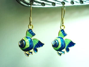 1 1/2" Drop Dangle Gold Plated Mint Green Blue Cloisonne Style Koi Fish Earrings - Picture 1 of 4