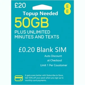 NEW OFFICIAL 50GB EE UK Sim Card Pay As You Go £20 Pack Data Unlimited TEXT PAYG - Picture 1 of 1