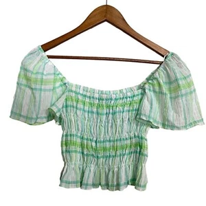 Zara Women NWT Green Plaid Flutter Sleeve Smocked Off Shoulder Cropped Blouse XS - Picture 1 of 7