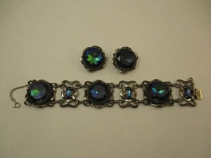 Vintage Schiaparelli Jewelry Rhinestone Earrings Bracelet Set Two Tone Glass - Picture 1 of 10