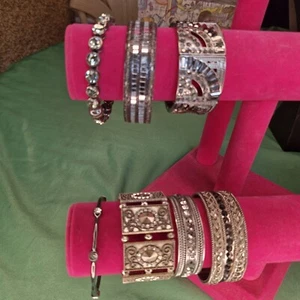 Set 7 Strass Stapel Manschette Armband Antik Schwarz Silber Ton Markasit - Bild 1 von 20