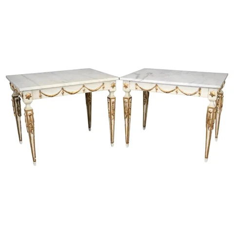 Pair of White Marble Top Giltwood Creme Painted Louis XVI Style End Tables Cover