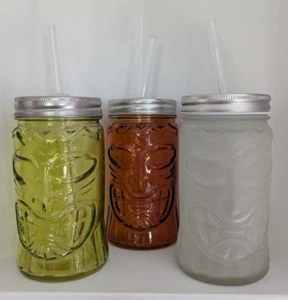 Set of 3 Tiki Head Drinking Glasses with screw-on lids/straws - Picture 1 of 5
