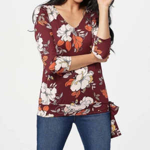 G.I.L.I. Shirt Sz 1X Floral Brown V-Neck Knit Top Side Tie Detail Coconut Girl - Picture 1 of 7