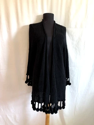 Cárdigan Calypso St. Barth negro con flecos de pompón - talla mediana  Foto 1 de 4
