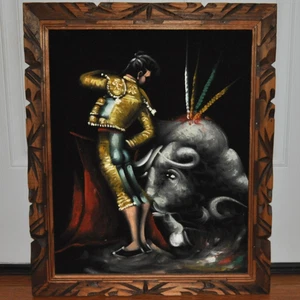VTG Black Velvet Matador Bull Fighter Paining Hand Carved Frame 23x19" Folk Art - Picture 1 of 7